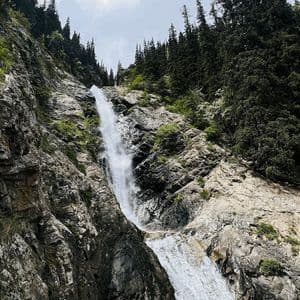 Ein Wasserfall stürzt eine steile, felsige Bergflanke hinab, die mit grünen Flecken bedeckt ist. Am oberen Ende ist ein Kiefernwald zu sehen.