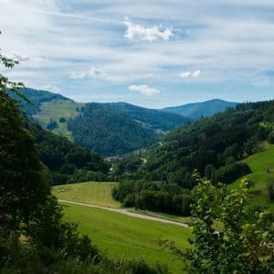 Una vista panoramica di una valle verde lussureggiante, con colline boscose e una strada che si snoda attraverso il paesaggio sotto un cielo parzialmente nuvoloso.