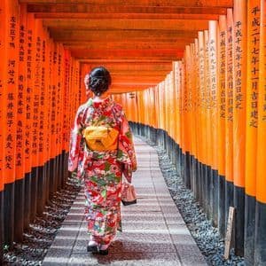 Una persona vista de espaldas con un kimono floral camina por un túnel de puertas torii naranjas en un sendero de piedra.