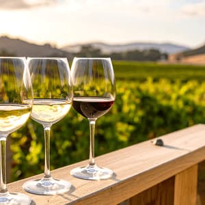 Tre bicchieri di vino bianco e rosso allineati su una ringhiera di legno che si affaccia su un vigneto baciato dal sole.