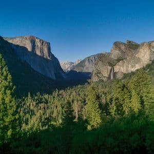 Une large vallée remplie d'une dense forêt de pins, entourée de hautes falaises de granite et d'une chute d'eau lointaine sous un ciel bleu clair.