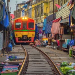Un train rouge et jaune circule sur des rails qui traversent un marché extérieur bondé, bordé d'étals de produits.