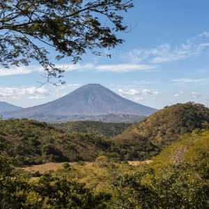 Un grande vulcano conico si erge in lontananza su una valle verde lussureggiante e dolci colline, incorniciato da rami d'albero.
