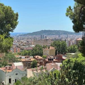 Una veduta aerea di una città costiera, incorniciata da alberi verdi e rigogliosi, con una grande collina e il mare visibili in lontananza.