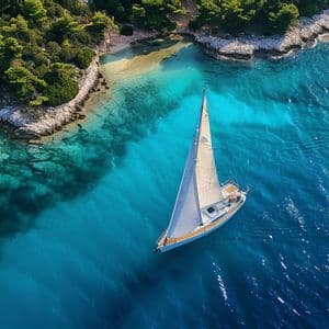 Eine Luftaufnahme eines Segelboots mit weißen Segeln, das auf klarem, türkisfarbenem Wasser entlang einer felsigen, bewaldeten Küste fährt.