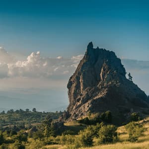 Una formazione rocciosa frastagliata si erge imponente su un paesaggio verde, con montagne sfumate all'orizzonte sotto un cielo parzialmente nuvoloso.