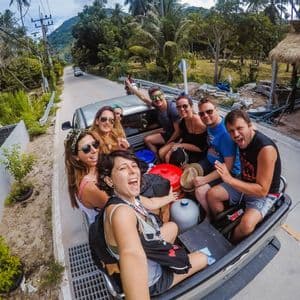 Un viaje en grupo de WeRoad tomándose una selfie, sonriendo en la parte trasera de una camioneta en una carretera bordeada de palmeras.