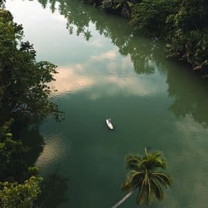 Luftaufnahme einer Person auf einem Stand-Up Paddleboard auf einem ruhigen Fluss, umgeben von dichtem Tropenwald.