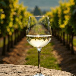 Un calice di vino bianco riposa su un muretto di pietra in un vigneto, con filari di viti baciate dal sole sullo sfondo.