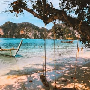 An empty wooden swing hangs from a tree branch over a sandy beach with turquoise water and cliffs in the distance.