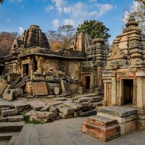 Un antico complesso templare con torri e mura in pietra scolpita, circondato da rovine sotto un cielo azzurro.