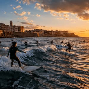 Un viaggio di gruppo WeRoad con persone in muta che fanno surf sulle onde dell'oceano al tramonto, con una città costiera sullo sfondo.