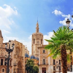 Una cattedrale di pietra con un alto campanile e cupole blu si erge in una piazza della città con una palma sotto un cielo azzurro.