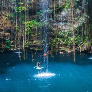 Eine WeRoad Gruppenreise schwimmt im blauen Wasser einer Cenote, umgeben von üppig grünen Klippen und hängenden Lianen.