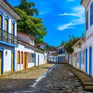 A wet cobblestone street lined with white colonial buildings featuring colorful blue and yellow doors and window frames.