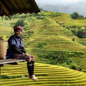 Una anciana con vestimenta tradicional se sienta sonriendo en un porche de madera con vistas a vastos arrozales en terrazas en una ladera.
