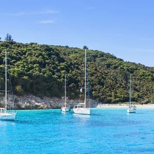 Diverse barche a vela bianche galleggiano su acque calme e turchesi in una baia, con una collina verde lussureggiante sullo sfondo.