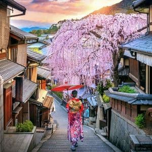 Una pagoda roja domina una ciudad desde una colina cubierta de cerezos en flor, con una montaña nevada en la distancia al atardecer.