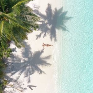 An aerial view of a person lying on a white sand beach by turquoise water, under the shadows of palm trees.