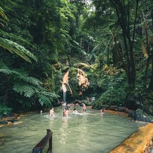 Un voyage de groupe WeRoad avec baignade dans une piscine naturelle au pied d'une petite cascade, au cœur d'une forêt luxuriante.