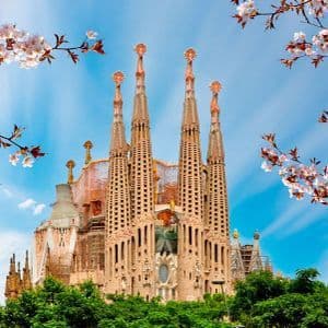 Une cathédrale ornée aux hautes flèches se dresse sous un ciel bleu, encadrée par des branches de cerisier roses et des arbres verts.