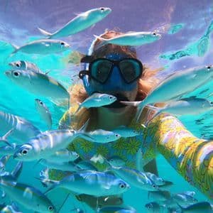 Eine Person mit Schnorchelmaske und farbenfrohem Neoprenanzug macht ein Selfie beim Schwimmen unter Wasser, umgeben von einem Fischschwarm.