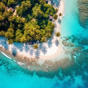 Veduta aerea dall'alto di un'isola tropicale con palme su una spiaggia di sabbia bianca, circondata da acque cristalline turchesi e barriere coralline.