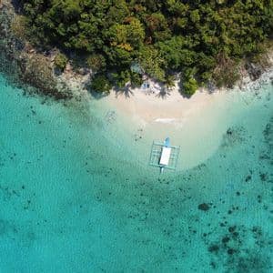 Vue depuis les eaux claires et peu profondes d'une île tropicale, avec une plage de sable blanc, des palmiers et une colline boisée sous un ciel bleu.