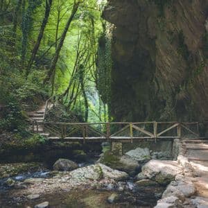 Una passerella di legno attraversa un ruscello roccioso in una gola forestale lussureggiante e verde, con un sentiero scavato nella parete rocciosa.