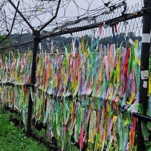 Centinaia di nastri colorati con messaggi scritti sono legati a una recinzione a rete metallica sormontata da filo spinato.