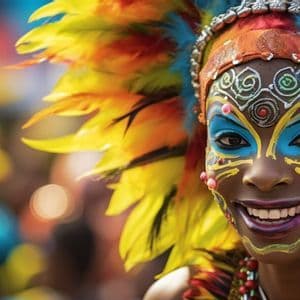 Primo piano di una persona sorridente con una pittura facciale colorata e intricata e un grande copricapo piumato a un festival.