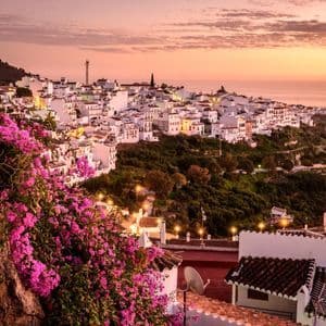 Un borgo costiero di edifici bianchi annidato su una verde collina al tramonto, con vivaci fiori rosa in primo piano.