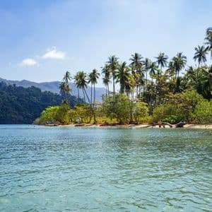 Una caletta tropicale con acqua cristallina turchese che lambisce una spiaggia sabbiosa fiancheggiata da palme e montagne boscose.