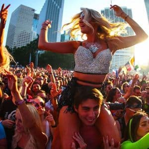 Una grande folla di persone balla a un festival musicale all'aperto, con donne sulle spalle, sullo sfondo di uno skyline cittadino.