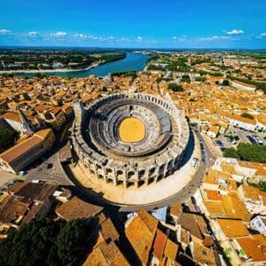 Veduta aerea di un grande anfiteatro in pietra al centro di una città con tetti in terracotta, con un fiume in lontananza sotto un cielo azzurro.