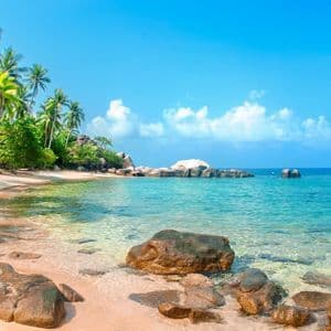 A sandy tropical beach with large boulders meets the clear turquoise ocean under a blue sky with palm trees on the shore.