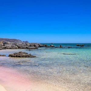 Una orilla de arena rosada que se encuentra con aguas turquesas claras y poco profundas, con rocas oscuras a lo largo de la costa bajo un cielo azul despejado.