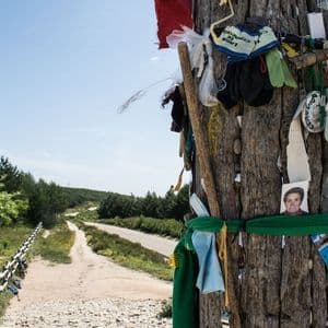 Un poste de madera cubierto con recuerdos personales como fotos y telas, con vistas a un sendero sinuoso a través de un paisaje boscoso.