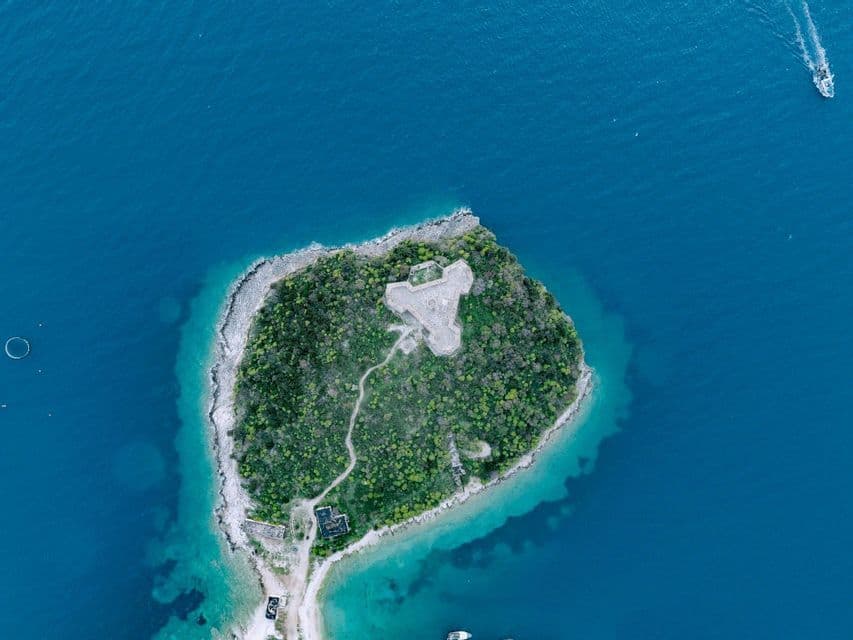 Vista aerea di una piccola isola ricoperta di alberi con una fortezza in pietra al centro, circondata da acqua di mare blu profondo.