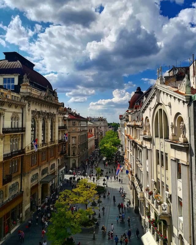Vista dall'alto di una vivace via pedonale, fiancheggiata da sontuosi edifici storici, con folle di persone che camminano.