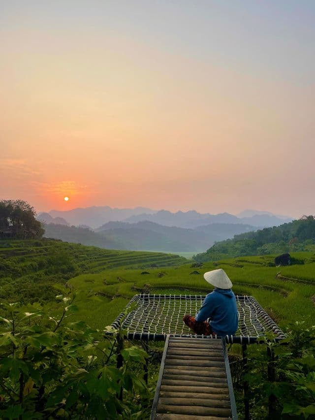 Eine Person mit einem Kegelhut sitzt auf einer Netzplattform und blickt bei Sonnenaufgang auf grüne Reisterrassen und ferne Berge.