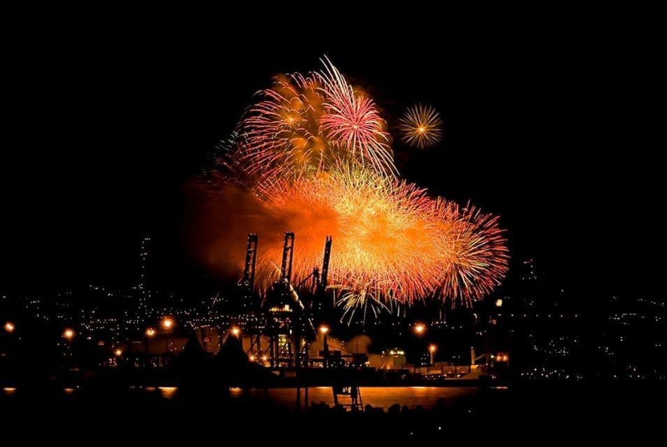 Fuochi d'artificio colorati esplodono nel cielo notturno sopra un porto cittadino con gru industriali e spettatori in silhouette.
