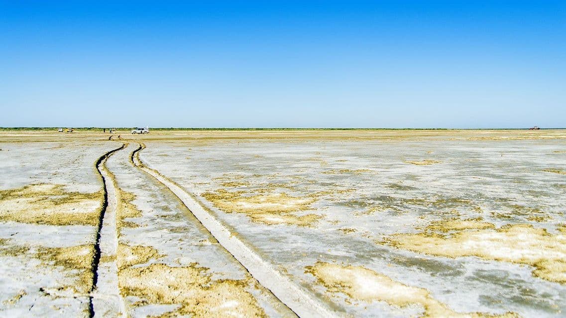 Tire tracks run through a vast salt flat towards a WeRoad group trip and their off-road vehicles under a clear blue sky.