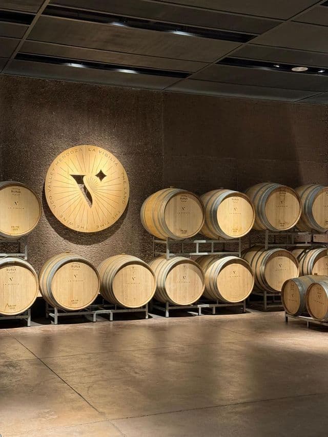 Barriles de vino de madera están apilados en estanterías metálicas en dos niveles dentro de una moderna bodega con poca luz.