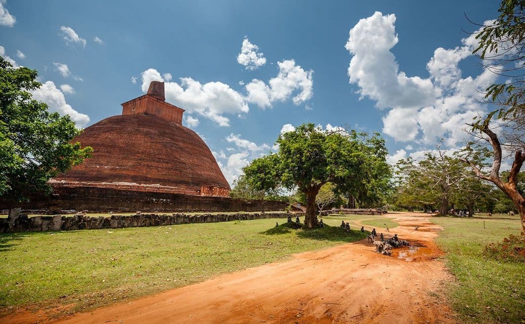 Un grande stupa di mattoni rossi si erge su un campo erboso con una strada sterrata, alberi e diverse scimmie sotto un cielo parzialmente nuvoloso.
