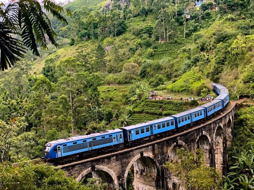 Un train bleu traverse un grand pont de pierre arqué qui serpente à travers une vallée tropicale luxuriante et verte avec des collines en terrasses.