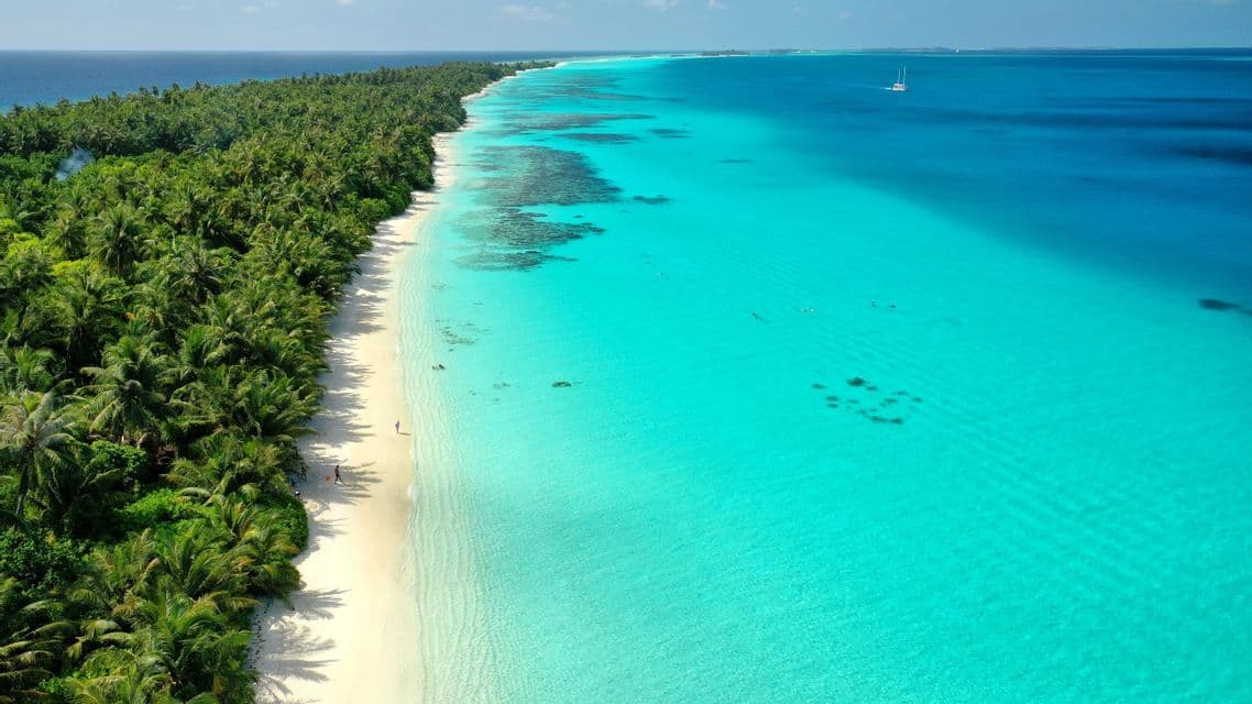 Vue aérienne d'une longue île tropicale avec une plage de sable blanc, des palmiers et une eau turquoise limpide, avec un voilier au loin.