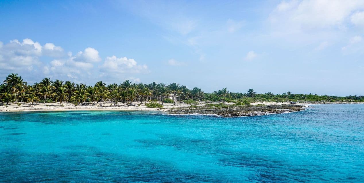 Un'isola tropicale con spiaggia di sabbia bianca e una fila di palme, vista dall'oceano turchese sotto un cielo azzurro con nuvole.