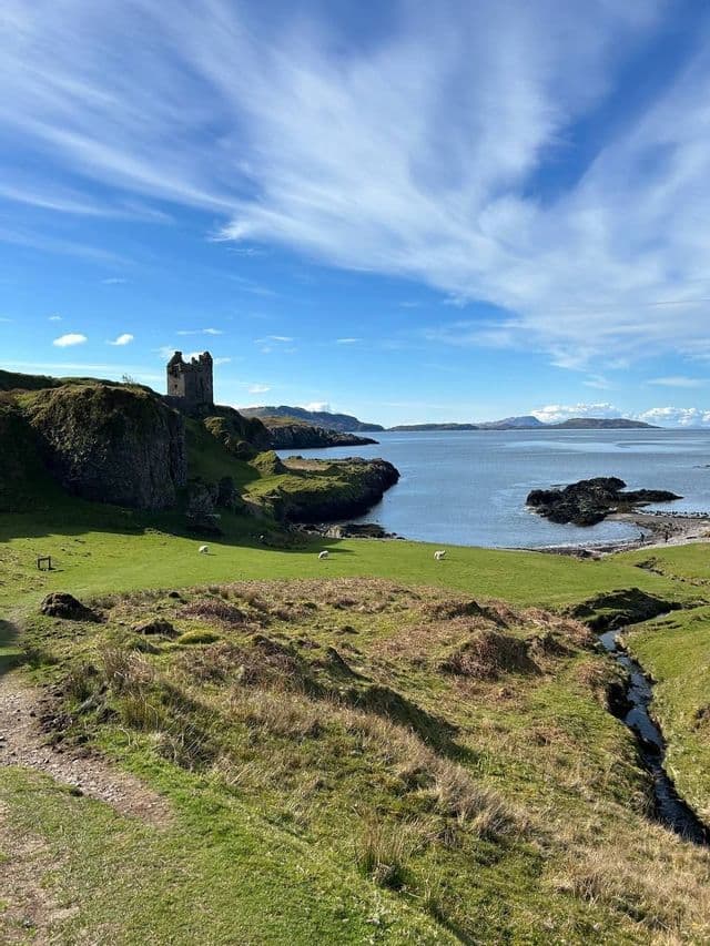 Des ruines de château en pierre se dressent sur une falaise herbeuse surplombant une baie côtière, avec des moutons paissant dans un champ verdoyant en contrebas.