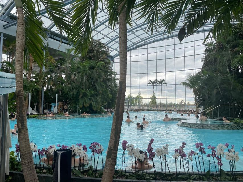 Personen entspannen in einem großen Hallenbad, umgeben von Palmen und Orchideen unter einer Glaskuppel.